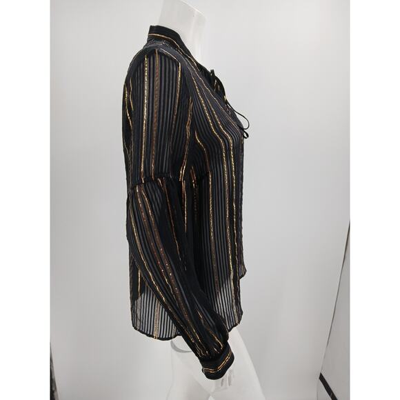 Derek Lam 10 Crosby Top Womens Size 8 Black Gold Metallic Stripes Sheer Silk - Picture 3 of 14